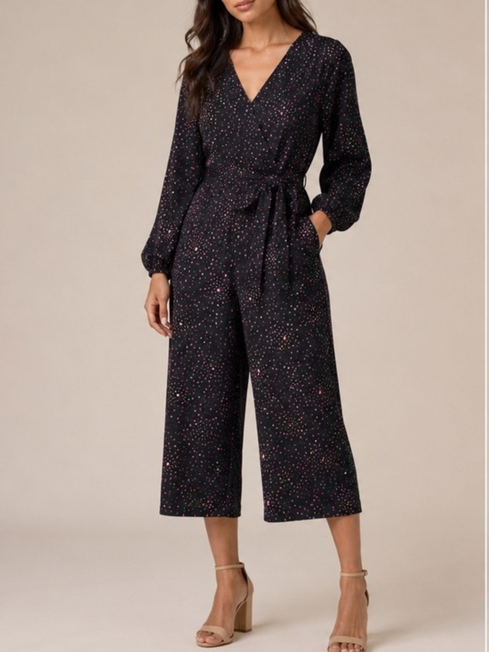 Kate Spade Disco Dots Jumpsuit Size 6 Black Pink Wide Leg Cropped
